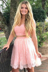 Cap Sleeves Two Piece V-Neck Coral Lace Homecoming Dress with Beaded